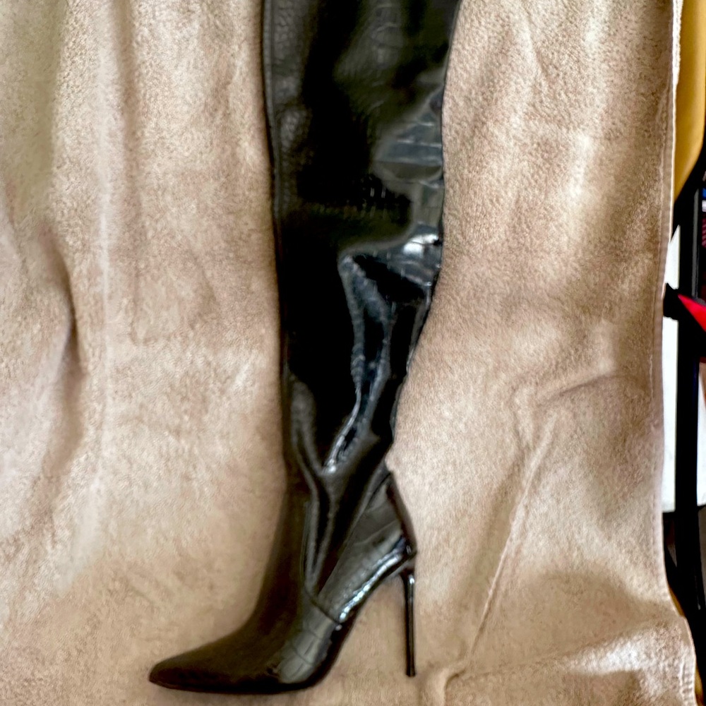Thigh high black croc stiletto boots